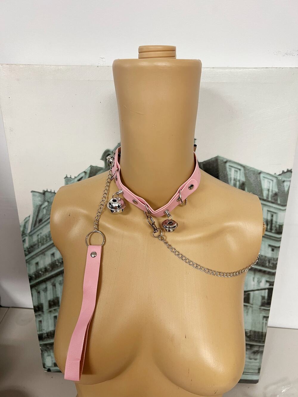 Gothic Faux Leather Choker Set with Detachable Chain Leash and Bell